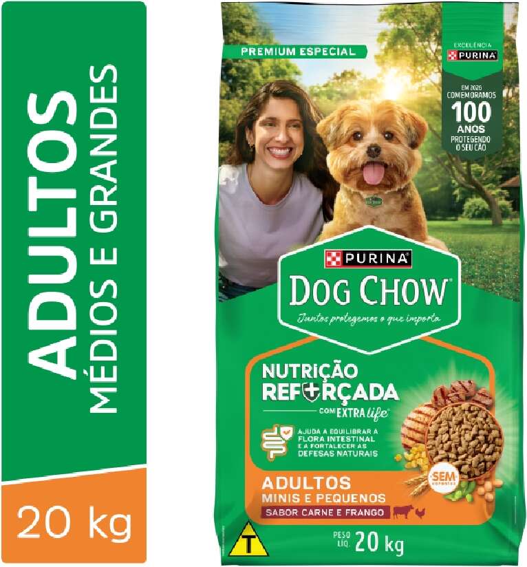Ração Seca Nestlé Purina Dog Chow Extra Life Cães Adultos Carne, Frango e Arroz Raças Mini e Pequenas - 20Kg