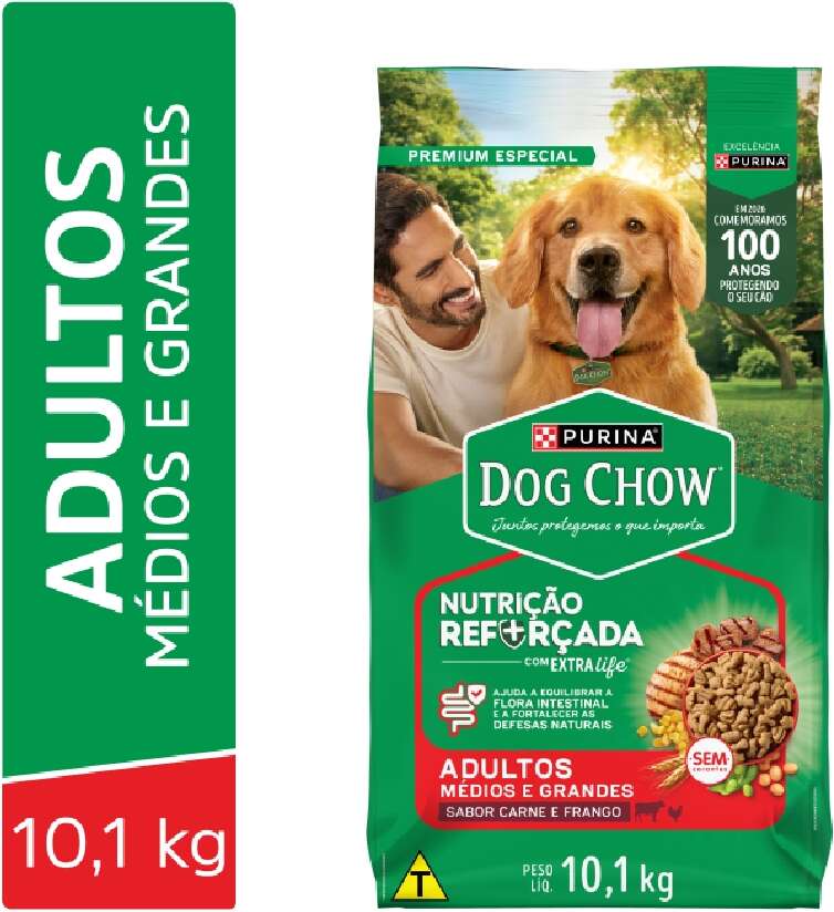 Ração Seca Nestlé Purina Dog Chow Extra Life Carne, Frango e Arroz Cães Adultos Raças Médias e Grandes - 10,1Kg