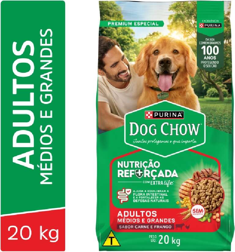 Ração Seca Nestlé Purina Dog Chow Extra Life Carne, Frango e Arroz Cães Adultos Raças Médias e Grandes - 20Kg