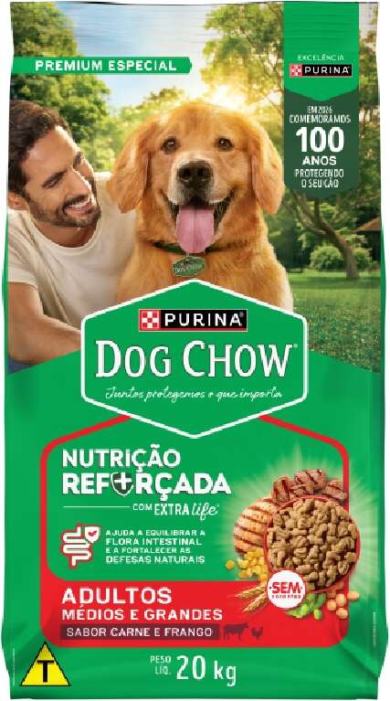 Ração Seca Nestlé Purina Dog Chow Extra Life Carne, Frango e Arroz Cães Adultos Raças Médias e Grandes - 20Kg