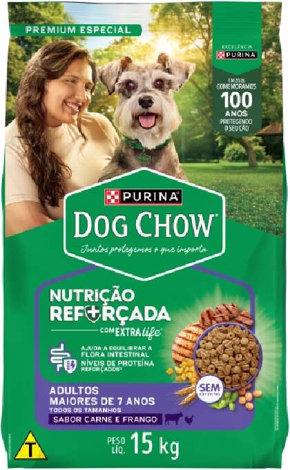 Ração Seca Nestlé Purina Dog Chow Extra Life Carne, Frango e Arroz Cães Adulto 7+ Todas as Raças - 15Kg