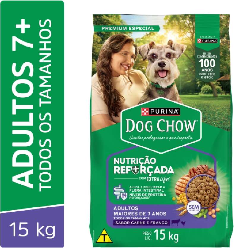 Ração Seca Nestlé Purina Dog Chow Extra Life Carne, Frango e Arroz Cães Adulto 7+ Todas as Raças - 15Kg