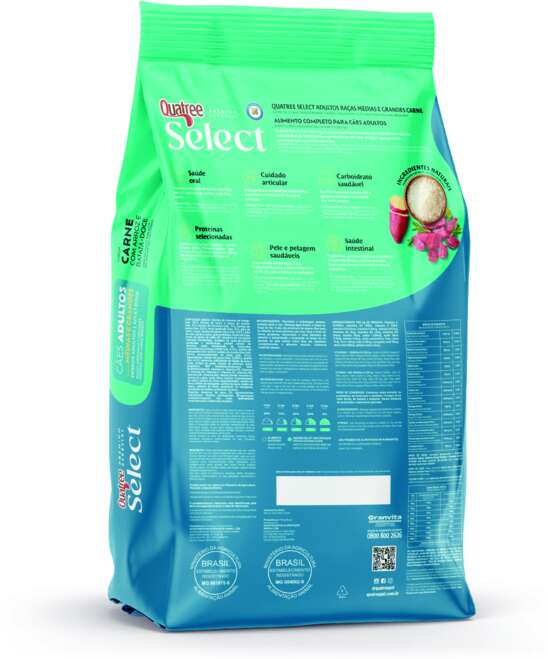 Ração Seca Quatree Select para Cães Adultos Raças Médias e Grandes Sabor Carne Com Arroz e Batata Doce - 20Kg