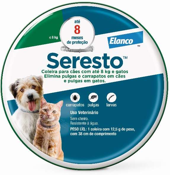 Coleira Antipulgas e Carrapatos Seresto para Cães e Gatos até 8Kg - Tam. P