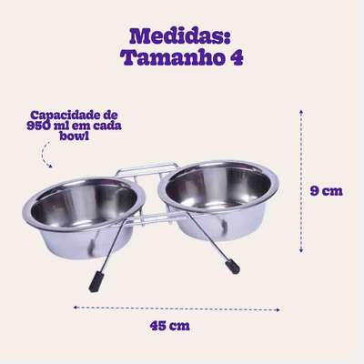 Comedouro e Bebedouro Duplo em Inox com Suporte