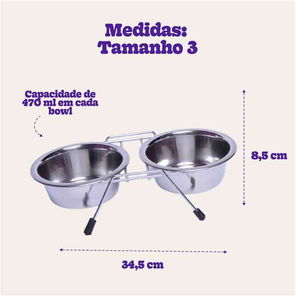 Comedouro e Bebedouro Duplo em Inox com Suporte - Tam. 03