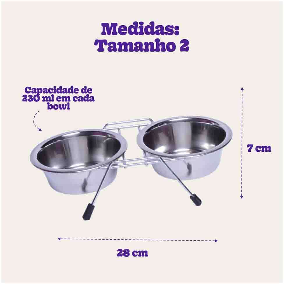 Comedouro e Bebedouro Duplo em Inox com Suporte - Tam. 02