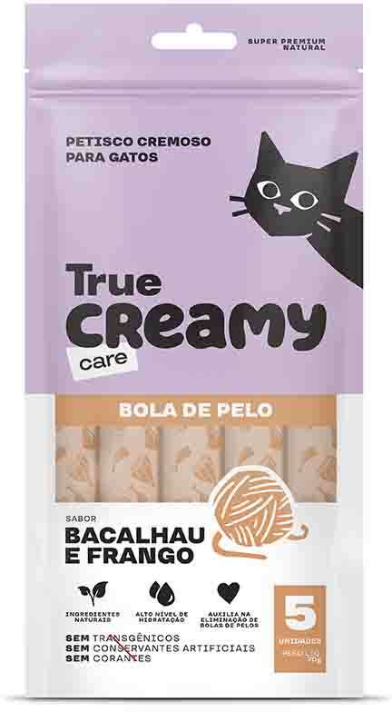 Petisco Cremoso True Creamy Care Bola de Pelo Sabor Bacalhau e Frango para Gatos - 1 Pacote (5 Unidades)