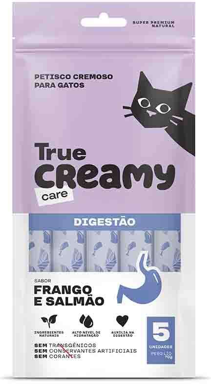 Petisco Cremoso True Creamy Care Digestão Sabor Salmão e Frango para Gatos - 1 Pacote (5 Unidades)