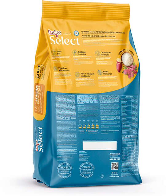 Ração Seca Quatree Select para Cães Adultos Raças Pequenas Sabor Carne Com Arroz e Batata Doce - 10,1Kg