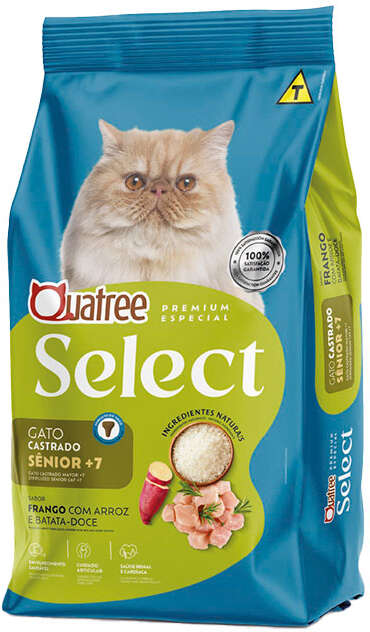 Ração Seca Quatree Select para Gatos Castrados Sênior +7 Sabor Frango com Arroz e Batata Doce - 3Kg