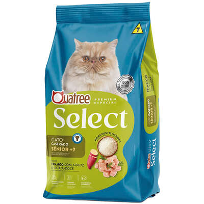 Ração Seca Quatree Select para Gatos Castrados Sênior +7 Sabor Frango com Arroz e Batata Doce