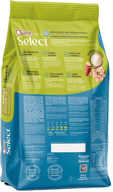 Ração Seca Quatree Select para Gatos Castrados Sênior +7 Sabor Frango com Arroz e Batata Doce - 3Kg