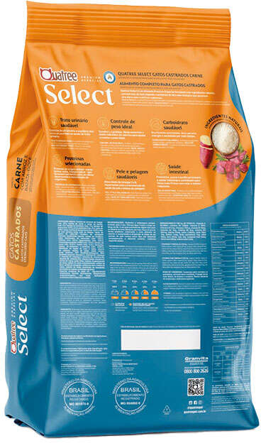 Ração Seca Quatree Select para Gatos Castrados Sabor Carne com Arroz e Batata Doce - 10,1Kg