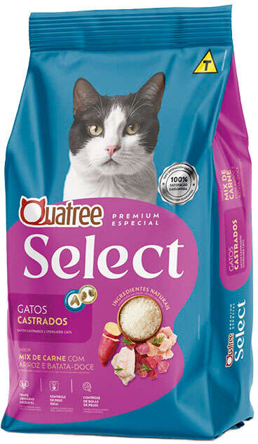 Ração Seca Quatree Select para Gatos Castrados Sabor Mix de Carne com Arroz e Batata Doce - 1Kg