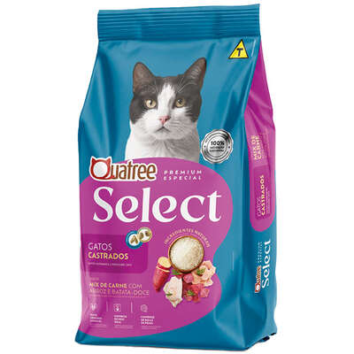 Ração Seca Quatree Select para Gatos Castrados Sabor Mix de Carne com Arroz e Batata Doce