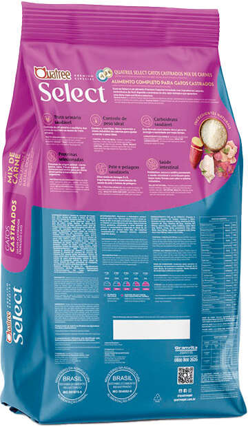 Ração Seca Quatree Select para Gatos Castrados Sabor Mix de Carne com Arroz e Batata Doce - 1Kg