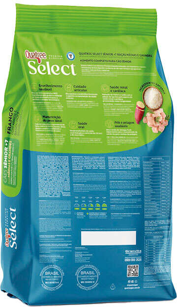 Ração Seca Quatree Select para Cães Sênio 7+ Raças Médias e Grandes Sabor Frango com arroz e Batata Doce - 15Kg