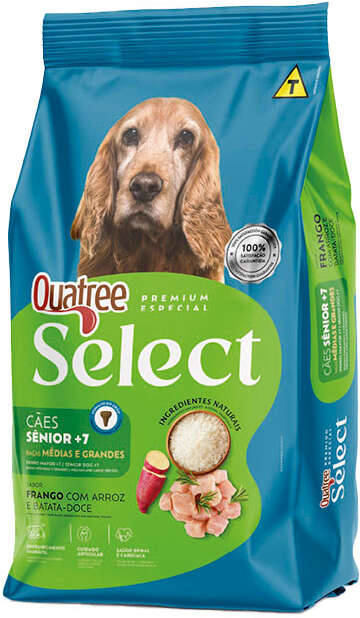 Ração Seca Quatree Select para Cães Sênio 7+ Raças Médias e Grandes Sabor Frango com arroz e Batata Doce - 15Kg