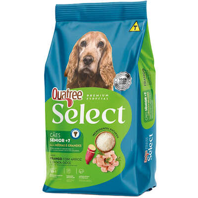 Ração Seca Quatree Select para Cães Sênio 7+ Raças Médias e Grandes Sabor Frango com arroz e Batata Doce