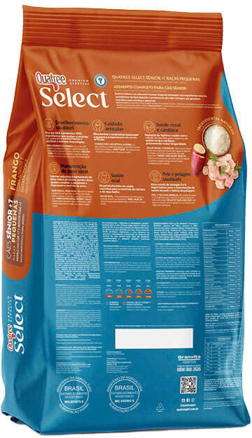 Ração Seca Quatree Select para Cães Sênior +7 Raças Pequenas Sabor Frango com Arroz e Batata Doce - 10,1Kg