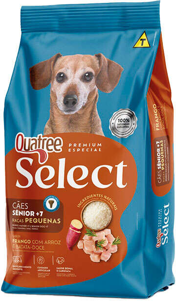 Ração Seca Quatree Select para Cães Sênior +7 Raças Pequenas Sabor Frango com Arroz e Batata Doce - 10,1Kg