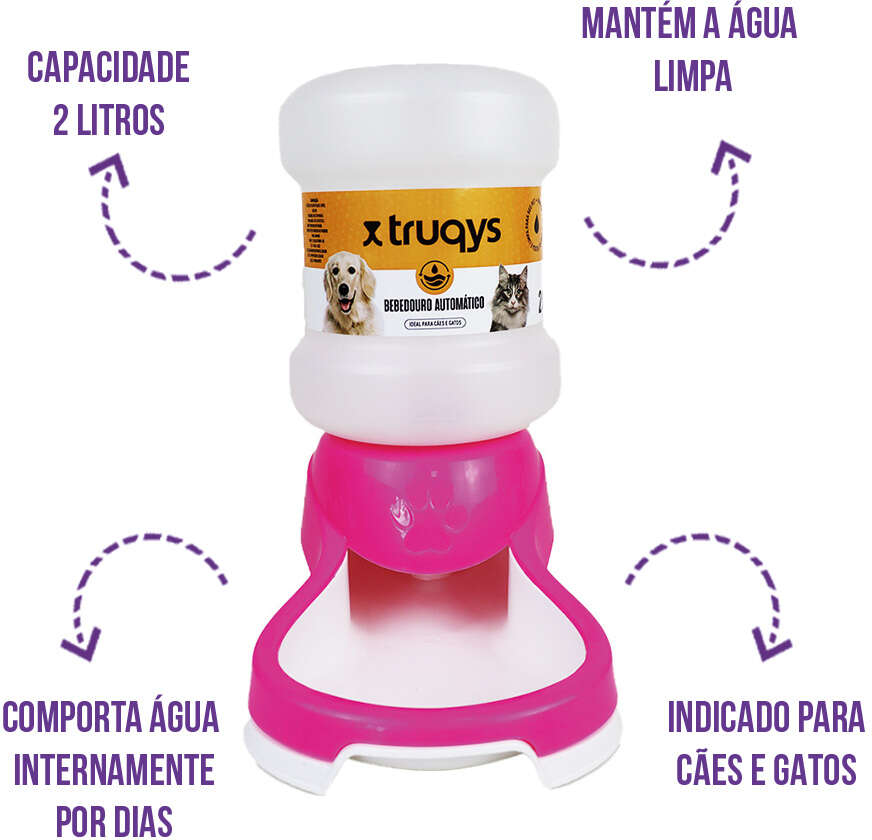 Bebedouro Automático Truqys Pets Rosa com Galão - 2 Litros