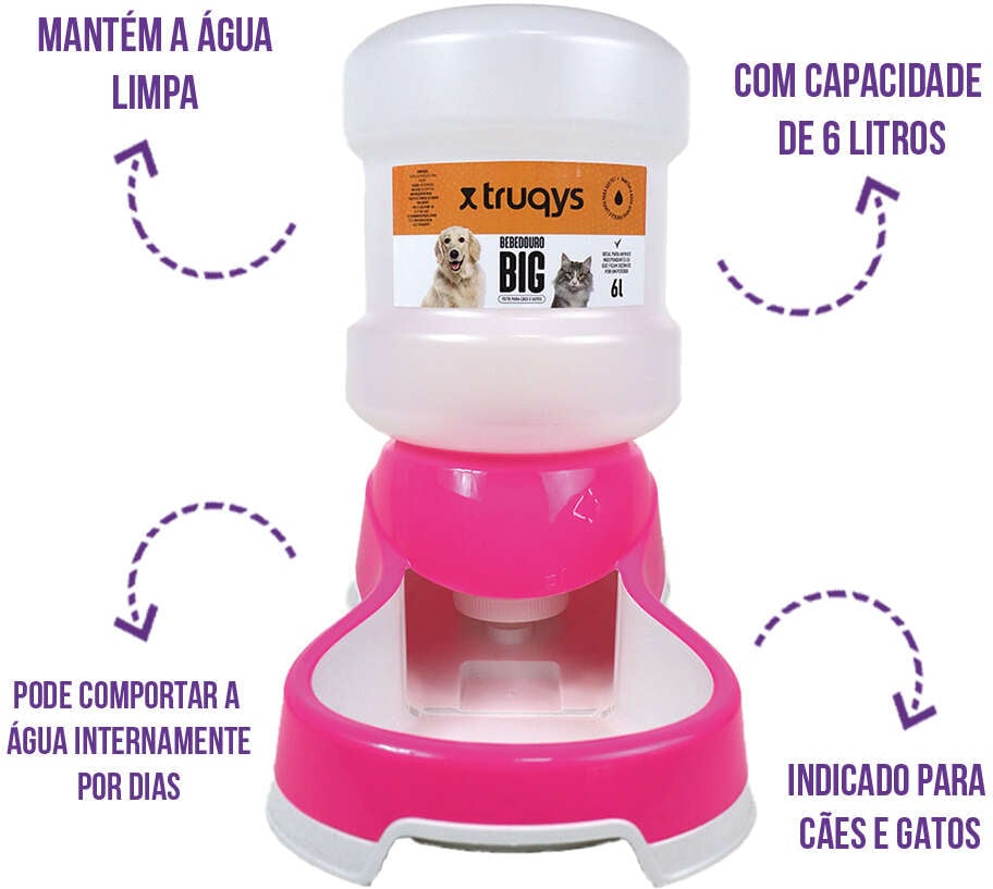 Bebedouro Automático Truqys Pets Rosa com Galão - 6 Litros