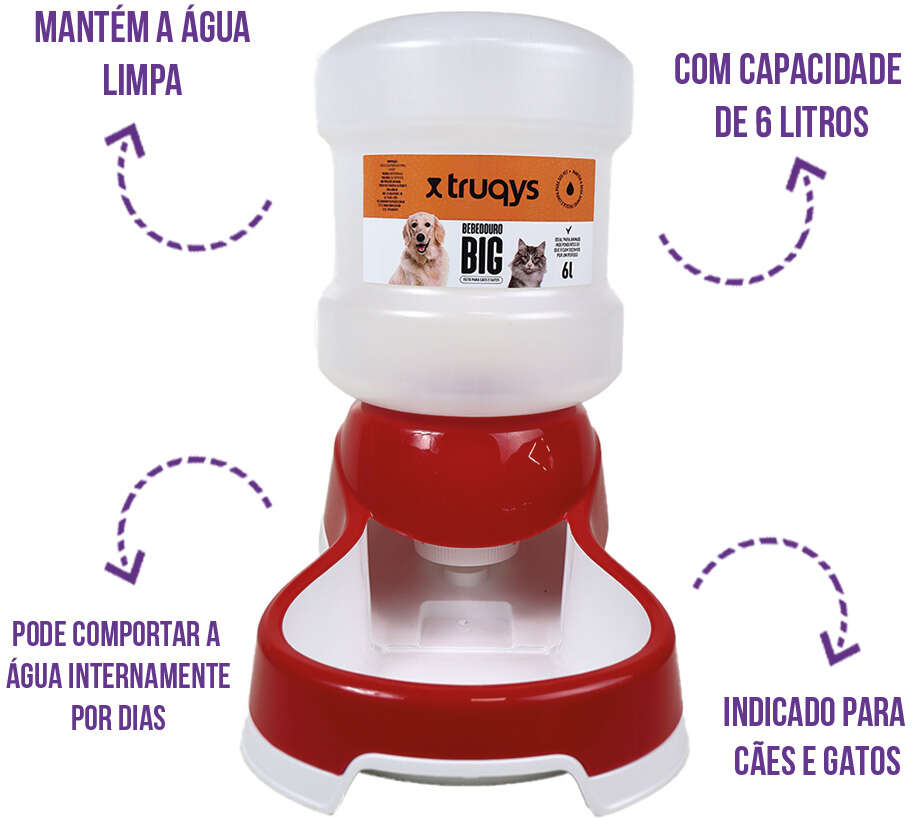 Bebedouro Automático Truqys Pets Vermelho com Galão - 6 Litros