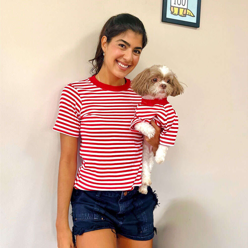 Camiseta Fábrica Pet Listrada Tal Mãe Tal Pet Vermelha - Tam. M
