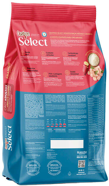 Ração Seca Quatree Select Frango e Arroz Cães Adultos Raças Médias e Grandes - 20Kg
