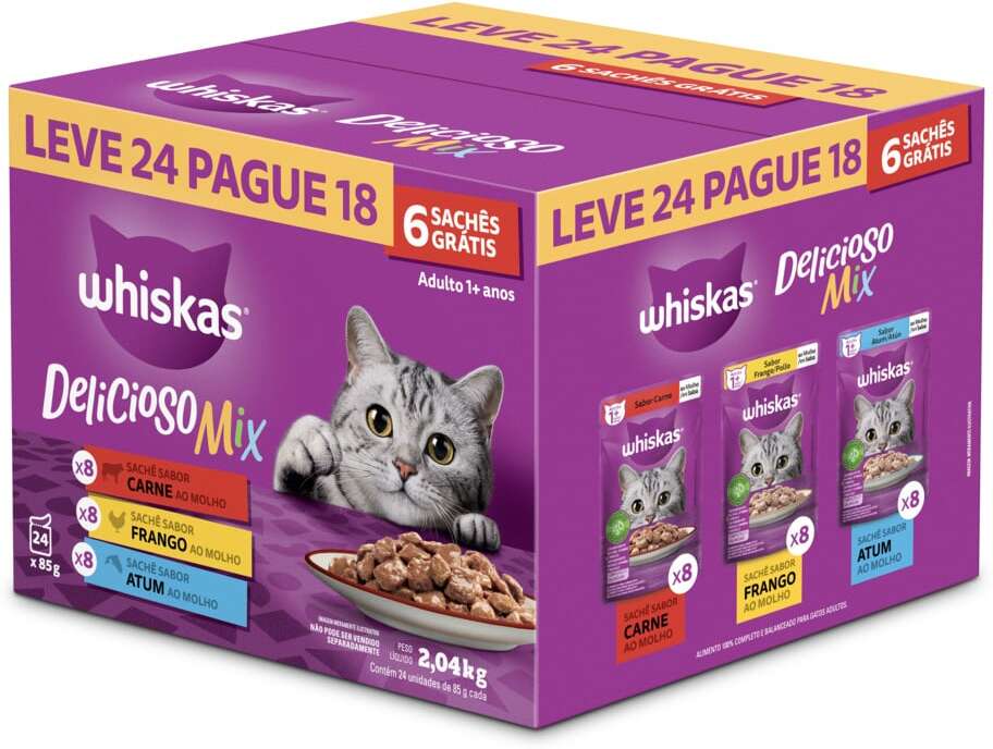 Ração Úmida Whiskas Sachê Carne, Frango e Atum para Gatos Adultos 85 g - Leve 24 Pague 18
