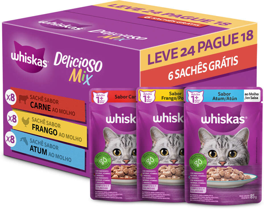 Ração Úmida Whiskas Sachê Carne, Frango e Atum para Gatos Adultos 85 g - Leve 24 Pague 18