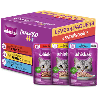Ração Úmida Whiskas Sachê Carne, Frango e Atum para Gatos Adultos