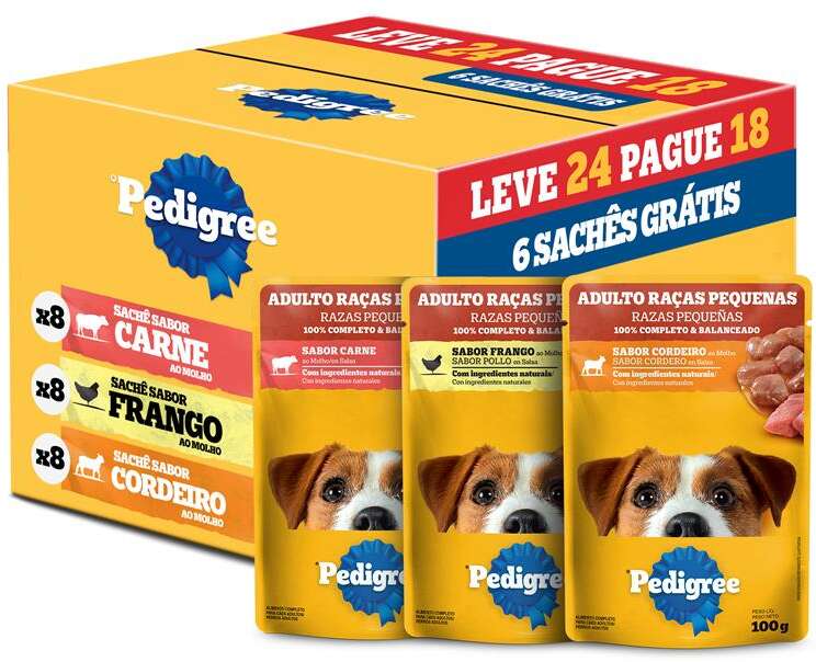 Ração Úmida Pedigree Sachê Carne, Cordeiro e Frango para Cães Adultos de Raças Pequenas 100 g - Leve 24 Pague 18