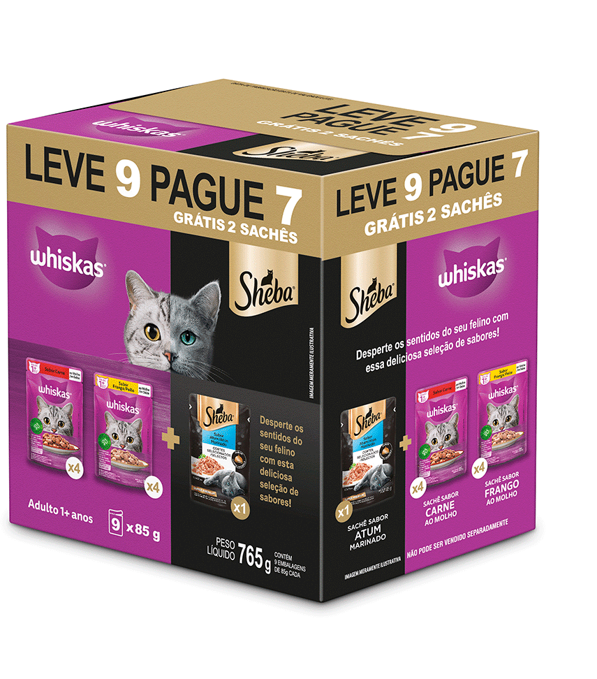 Ração Úmida Whiskas Sachê Carne e Frango + Sheba Atum para Gatos Adultos 85 g - Leve 9 Pague 7
