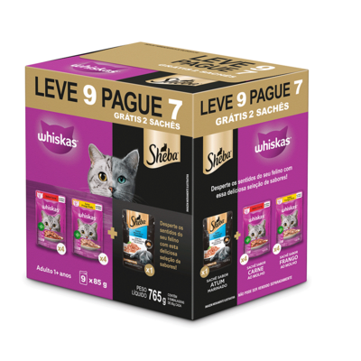 Ração Úmida Whiskas Sachê Carne e Frango + Sheba Atum para Gatos Adultos