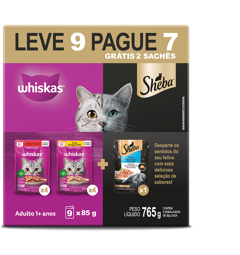 Ração Úmida Whiskas Sachê Carne e Frango + Sheba Atum para Gatos Adultos 85 g - Leve 9 Pague 7