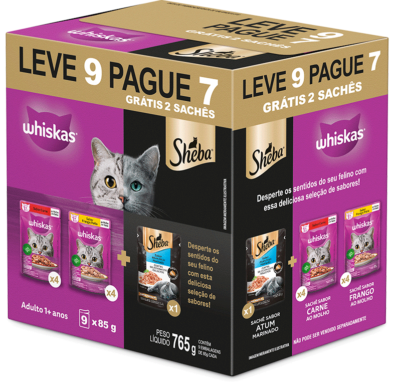 Ração Úmida Whiskas Sachê Carne e Frango + Sheba Atum para Gatos Adultos 85 g - Leve 9 Pague 7