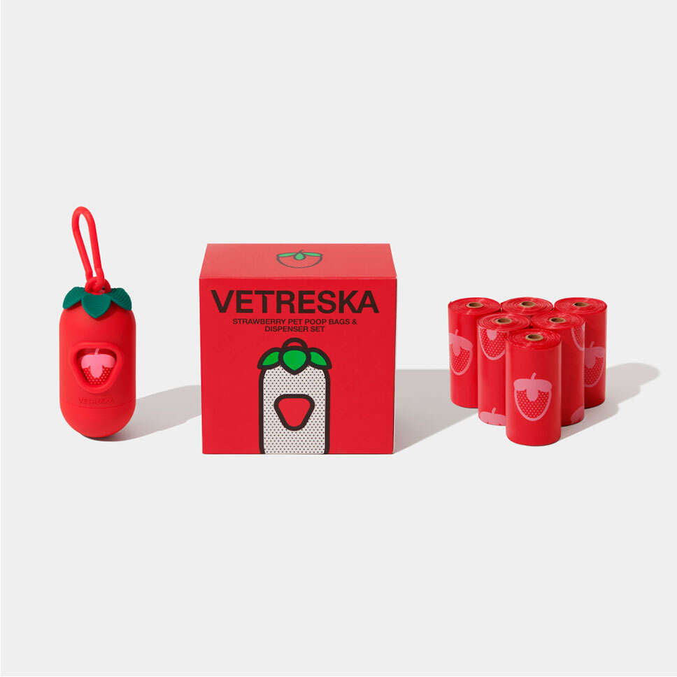 Kit Cata Caca Vetreska Aroma de Morango Dispenser com Saquinhos Higiênicos Biodegradáveis - 7 Rolos