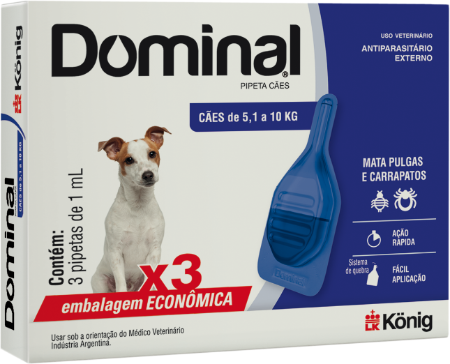 Antiparasitário Externo König Dominal 1 mL para Cães de 5,1 a 10Kg - 3 Pipetas