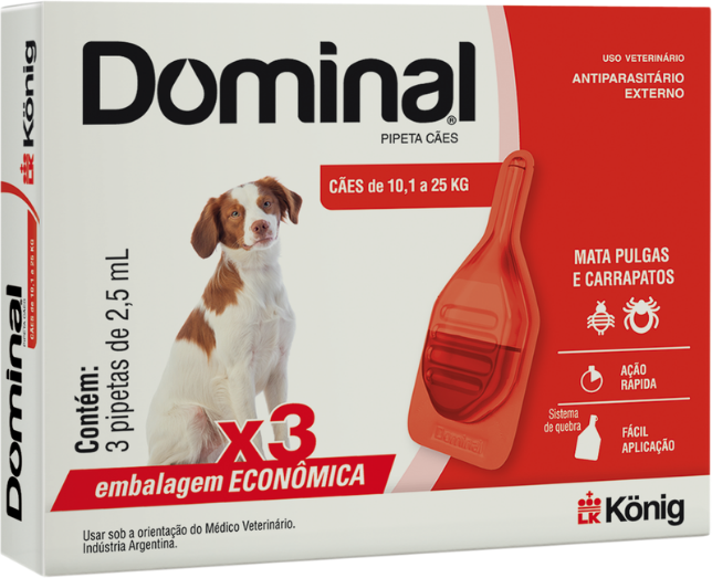 Antiparasitário Externo König Dominal 2,5 mL para Cães de 10,1 a 25Kg - 3 Pipetas