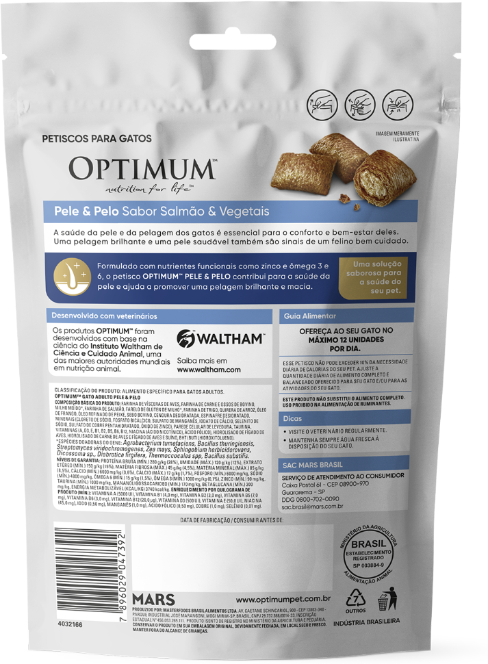 Petisco Optimum Pele e Pelo para Gatos Adultos Sabor Salmão - 80 g