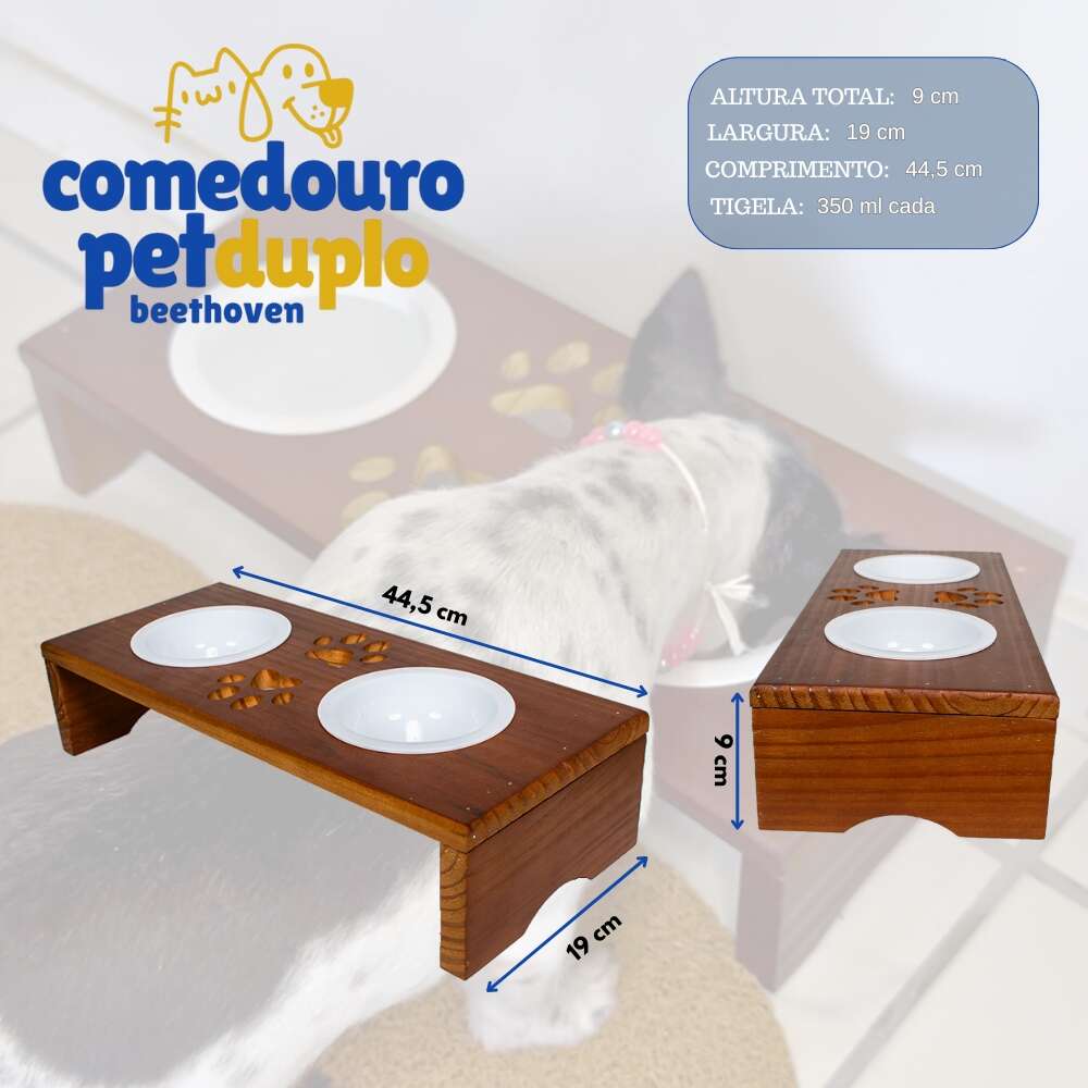 Comedouro Duplo Beethoven Agropet Madeira Maciça para Cães - Tam. Único