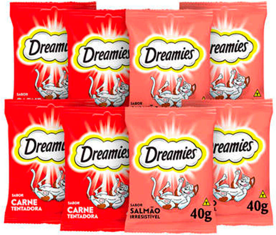 Kit Petisco Dreamies para Gatos Adultos 4 Carne e 4 Salmão - 8 Unidades