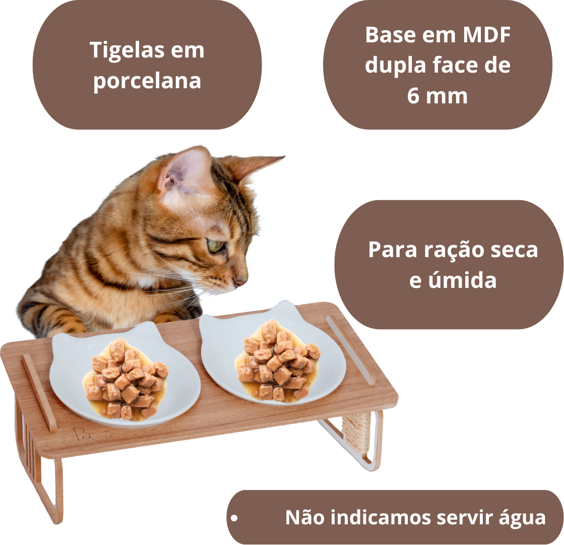 Comedouro Duplo Bastet Hórus para Gatos Madeirado - Tam. Único