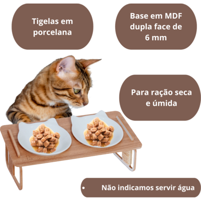 Comedouro Duplo Bastet Hórus para Gatos Madeirado”