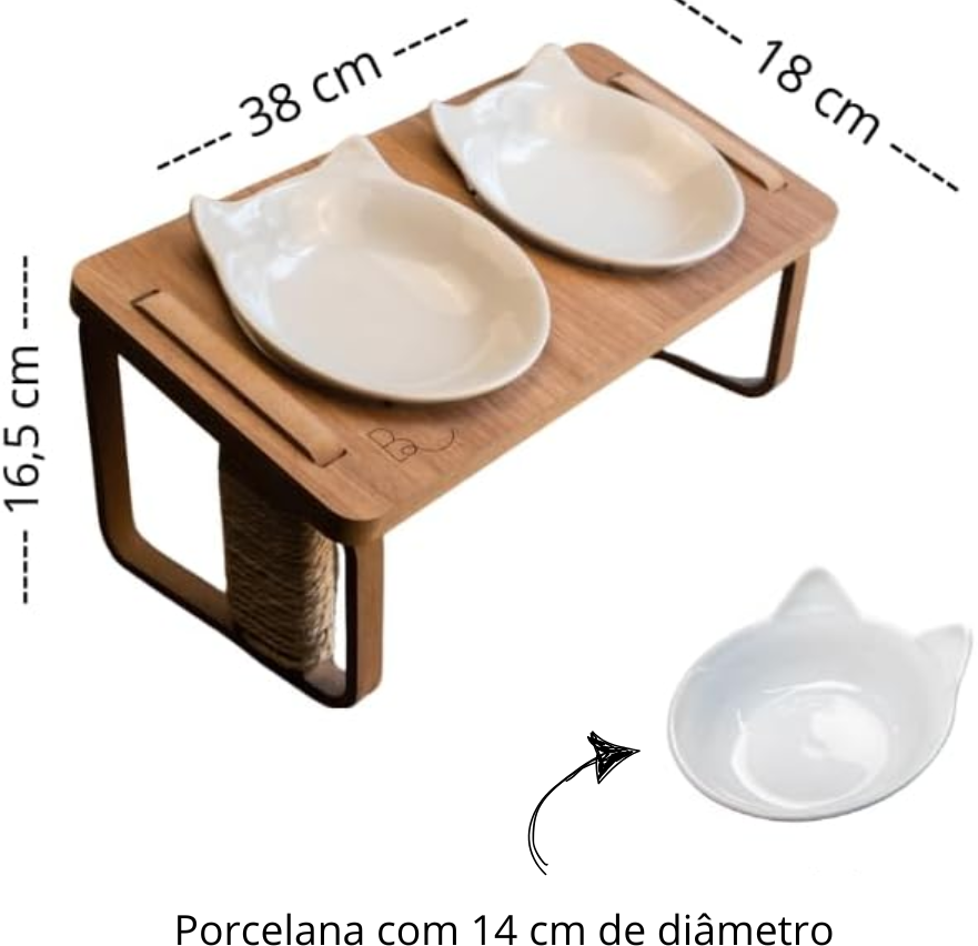 Comedouro Duplo Bastet Gigantes para Gatos Madeirado - Tam. Único