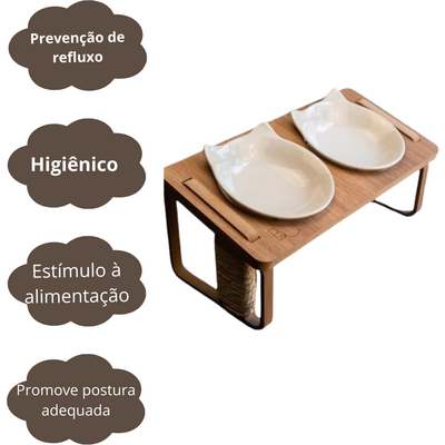 Comedouro Duplo Bastet Gigantes para Gatos Madeirado