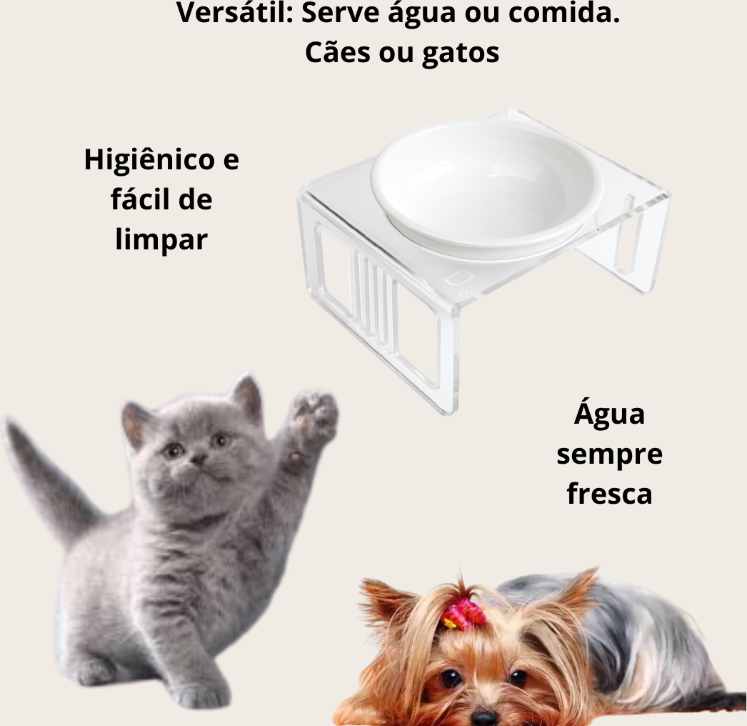 Bebedouro e Comedouro Bastet em Acrílico para Cães e Gatos Cristal - Tam. M